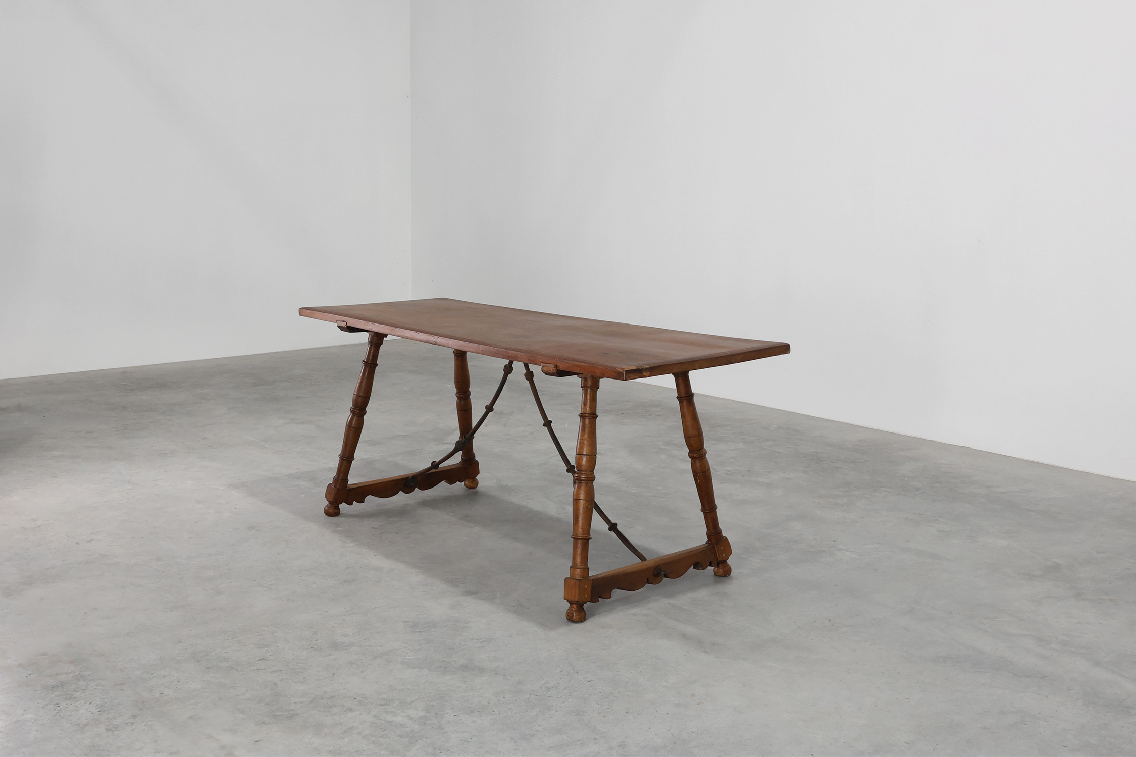 18th‑Century Spanish Walnut Trestle Table with Iron Stretcherthumbnail